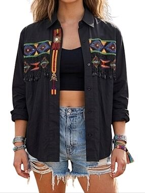 Vintage LEW MAGRAM Western Beaded Aztec Button Down Shirt